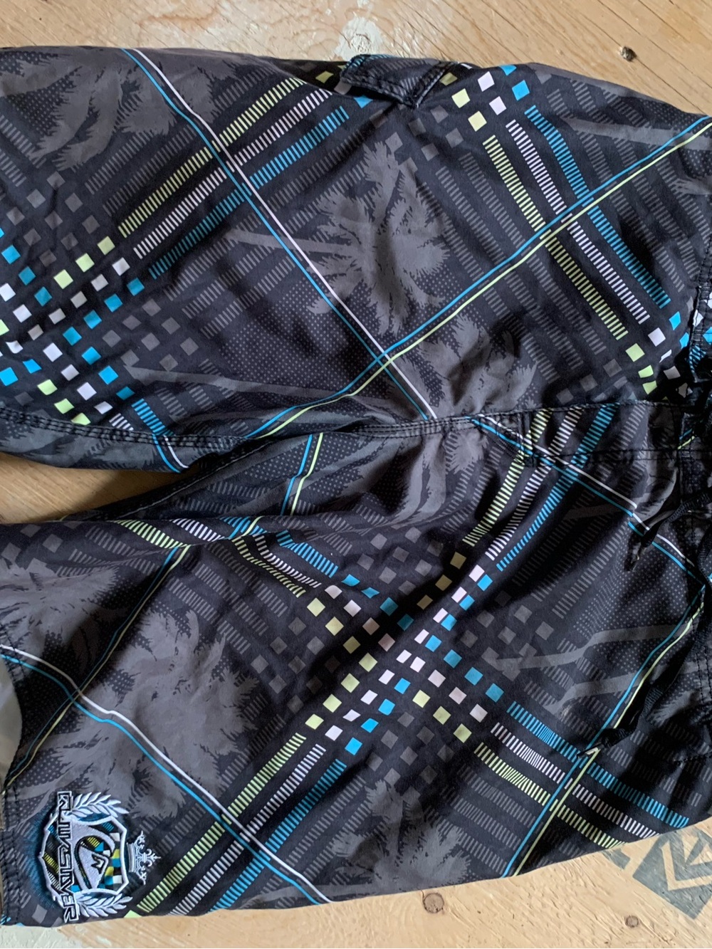 Men's Black Quicsilver Swim Trunks Board Shorts with Blue & Green Accents